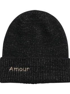 Bonnet à revers noir en lurex argenté et brodé "Amour" à l'avant