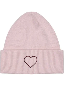 Bonnet rose uni avec revers sur le bas et un cœur brodé à l'avant