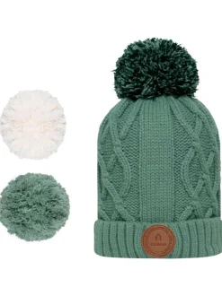 Bonnet vert d'eau uni avec pompons à revers avec patch de la marque