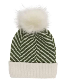 Bonnet vert en maille chevron avec pompons