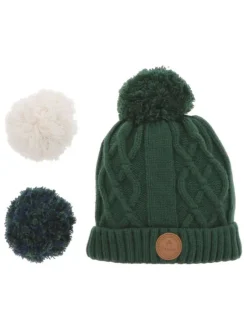 Bonnet vert foncé effet moucheté avec des pompons interchangeables