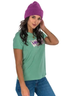 Bonnet violet framboise chiné en maille côtelée avec un grand revers