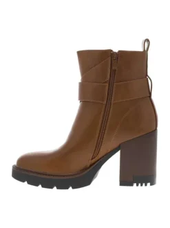 Boots camel à talon décroché haut avec un zip et une boucle décorative