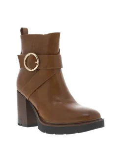 Boots camel à talon décroché haut avec un zip et une boucle décorative