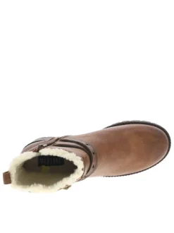 Boots cognac à talon décroché moyen avec un zip et une boucle décorative