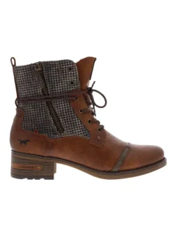 Boots de couleur marron et imprimé pied de poule avec double fermeture zippée sur les côtés