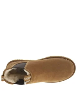 Boots en cuir camel à talon plat pourvues de soufflets élastiqués