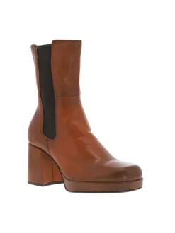 Boots en cuir marron à semelle surélevée à talon bloc décroché haut et à soufflets élastiqués contrastés