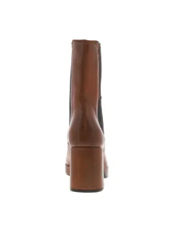 Boots en cuir marron à semelle surélevée à talon bloc décroché haut et à soufflets élastiqués contrastés