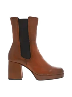 Boots en cuir marron à semelle surélevée à talon bloc décroché haut et à soufflets élastiqués contrastés