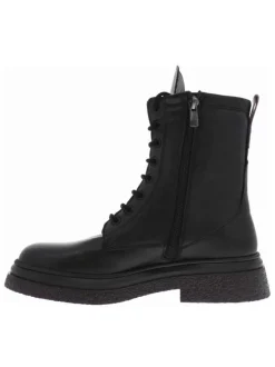 Boots en cuir noires à talon plat avec languette arrière violette pour faciliter la mise aux pieds