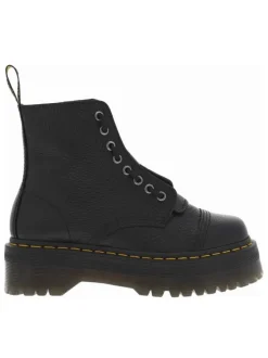 Boots en cuir noires à talon plateau avec un zip et revêtement en grains