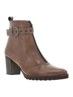 Boots en cuir taupe à semelle à talon décroché haut avec deux fermetures