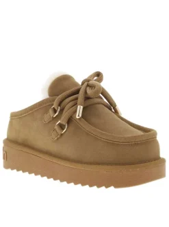 Boots en cuir taupe à talon plateau avec des lacets ronds tressés