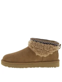 Boots naturel plat avec intérieur chaud fourré et tour de pieds brodé