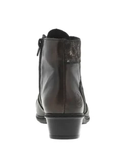 Boots noires et bronze à talon décroché bas, avec zip latéral et logo embossé