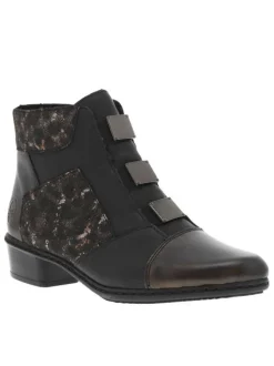 Boots noires et bronze à talon décroché bas, avec zip latéral et logo embossé