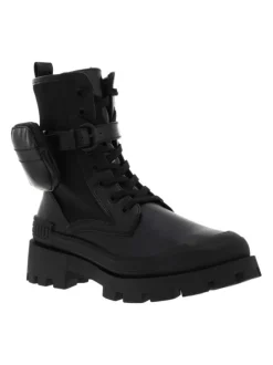 Boots noires à semelle plateforme plate à talon décroché moyen et à lacets et zip latéral