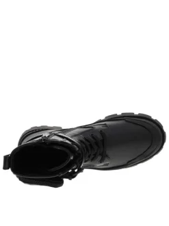 Boots noires à semelle plateforme plate à talon décroché moyen et à lacets et zip latéral