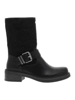 Boots noires à strass avec un talon décroché bas et un zip avec logo