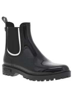 Boots noires à talon décroché bas et à soufflets élastiqués et détail argenté