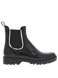 Boots noires à talon décroché bas et à soufflets élastiqués et détail argenté