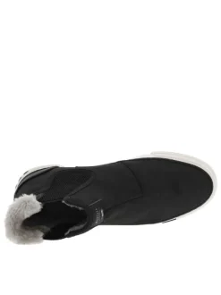 Boots noires à talon plat et à soufflets élastiqués avec col en fourrure