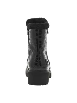 Boots noires à talon plat et à zip avec col en fourrure et vernis sélectif