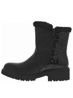 Boots noires à talon plat et à zip avec col en fourrure et vernis sélectif