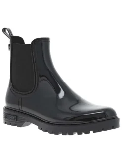 Boots noires vernies à talon décroché bas et soufflet élastiqué