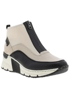 Boots noir et beige à talon semi-compensée avec un zip central