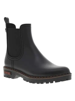 Boots noir mat, à trépointe beige, talon décroché bas et soufflet élastiqué