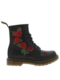 Boots noirs en cuir brodées de roses rouges sur l'extérieur avec languette d'aisance et lacets tressés noirs