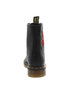 Boots noirs en cuir brodées de roses rouges sur l'extérieur avec languette d'aisance et lacets tressés noirs