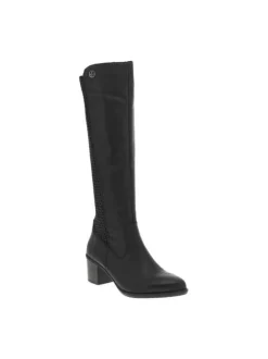 Bottes bi-matières en cuir noir à semelle à talon décroché moyen