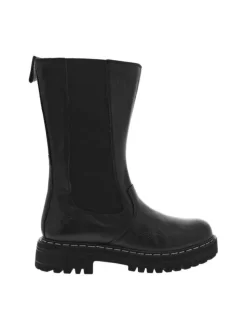 Bottes en cuir grainé à bout patiné noir à semelle plateforme à talon décroché moyen et à soufflets élastiqués