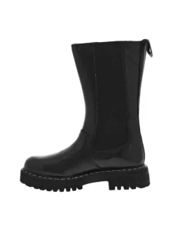 Bottes en cuir grainé à bout patiné noir à semelle plateforme à talon décroché moyen et à soufflets élastiqués