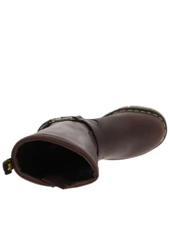 Bottes en cuir marron à talon décroché bas avec une boucle à ardillon