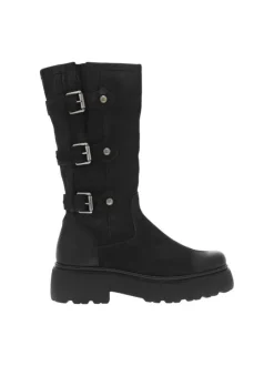 Bottes en cuir noires à semelle à talon compensé bas et boucles décoratives