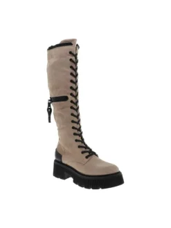 Bottes en cuir nubuck beige à semelle chuncky à talon décroché moyen, à lacets et zip latéral