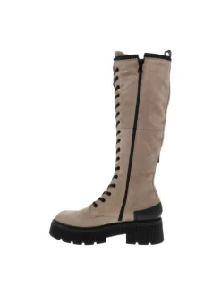 Bottes en cuir nubuck beige à semelle chuncky à talon décroché moyen, à lacets et zip latéral