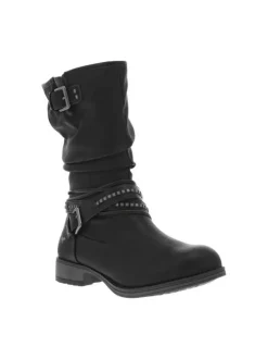 Bottes fourrées en simili cuir noir à talon décroché bas et zip