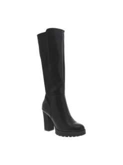 Bottes noires avec talon à décroché haut, logo noir et fermeture zippée latérale