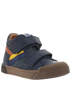 Bottillons en cuir bleu marine avec bandes rouge et jaune cousues sur la tige