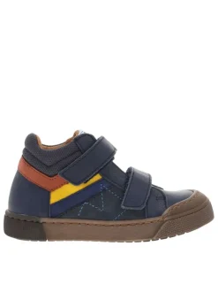 Bottillons en cuir bleu marine avec bandes rouge et jaune cousues sur la tige