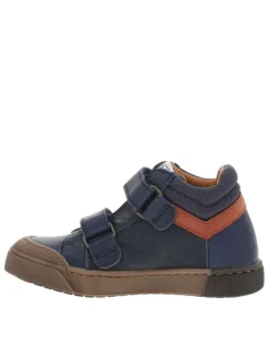 Bottillons en cuir bleu marine avec bandes rouge et jaune cousues sur la tige