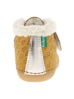 Bottillons fourrés en cuir moutarde à semelle vulcanisée et à bande auto-agrippante