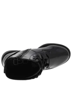 Bottillons fourrés noirs vernis à talon bas, chevillière stretch et zip