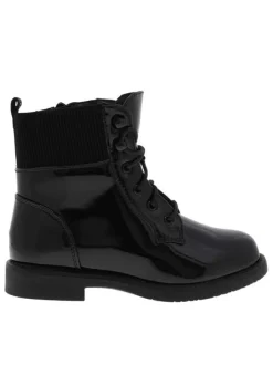 Bottillons fourrés noirs vernis à talon bas, chevillière stretch et zip