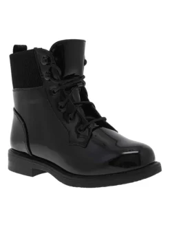 Bottillons fourrés noirs vernis à talon bas, chevillière stretch et zip